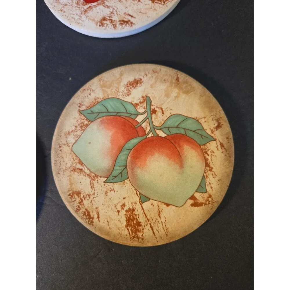 Vintage Circular Ceramic Tile and Cork Coaster Set Fruit Illustrations 4pc